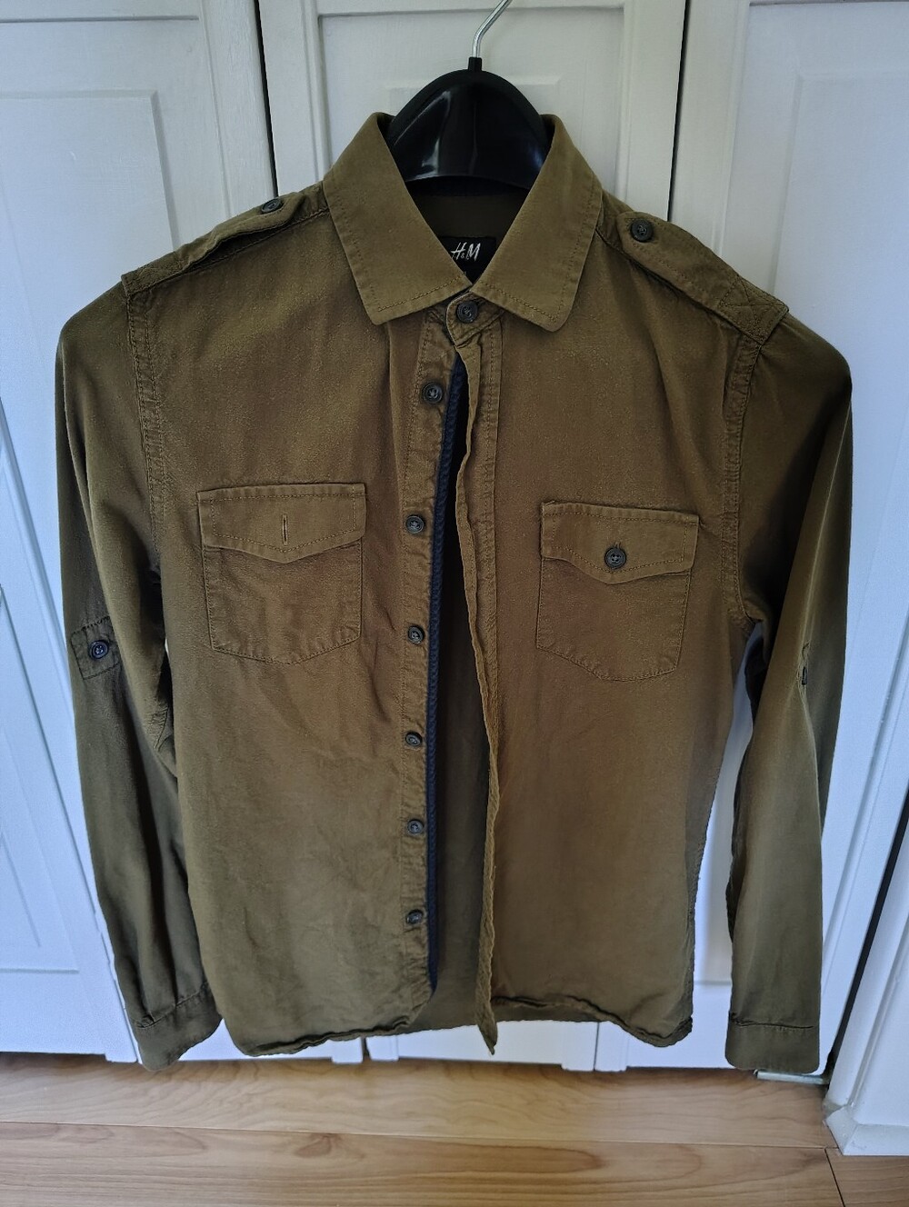 H&M Cotton Men's Olive Green Military Style Shirt Spread Collar XS